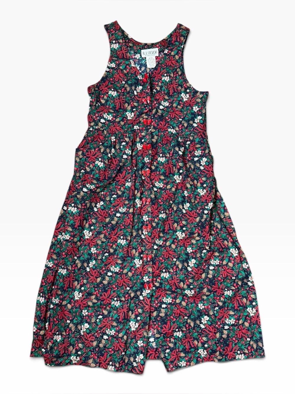 Vintage RJ Stevens Holiday Dress Christmas Bows Button Down Knee Length Sz 12